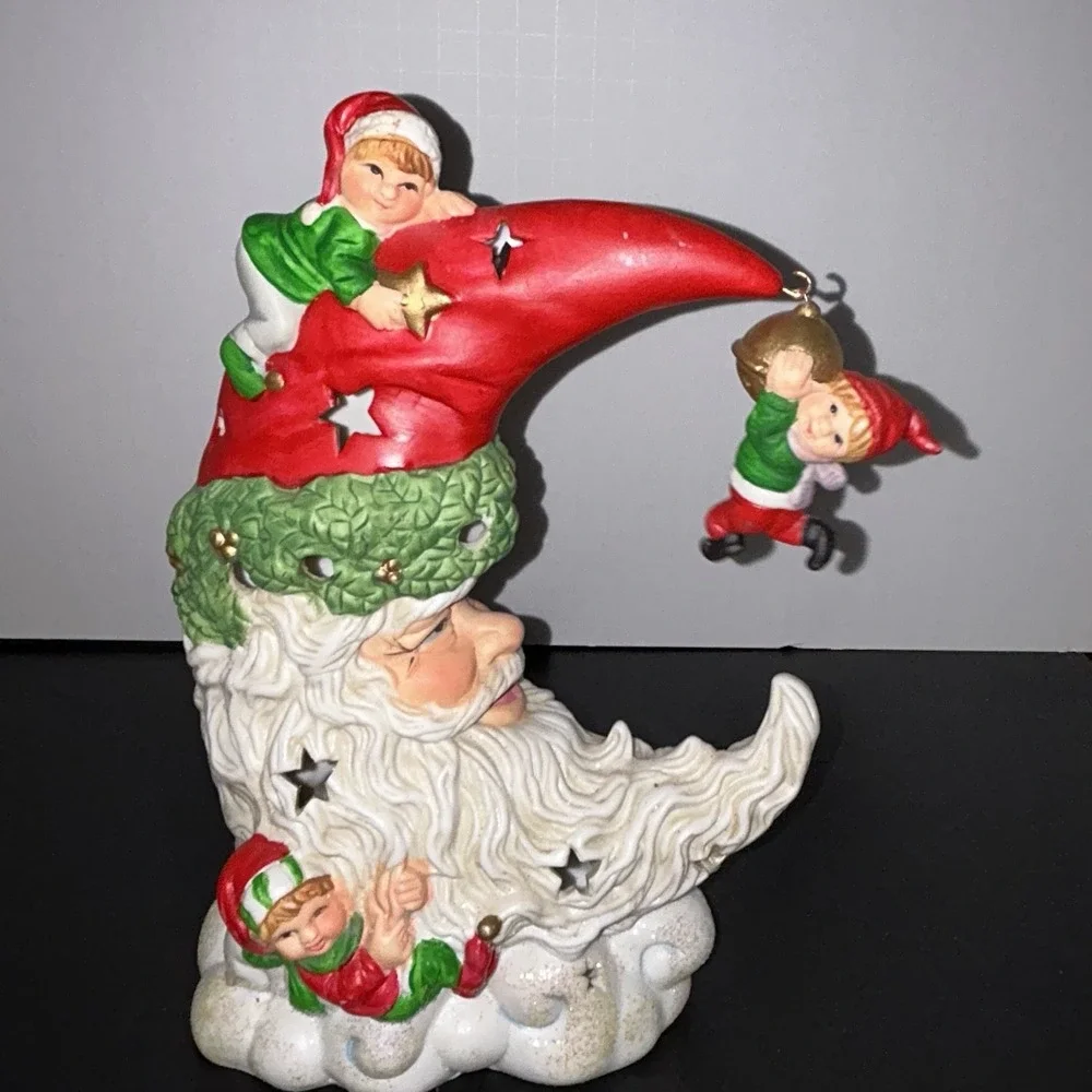 Light Up Ceramic Santa Moon Face With Elves‎ Christmas Decor Star Cutout